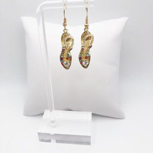Gold Plated Blue Crystals Heeled Sandal Dangle Earrings ! Great S…